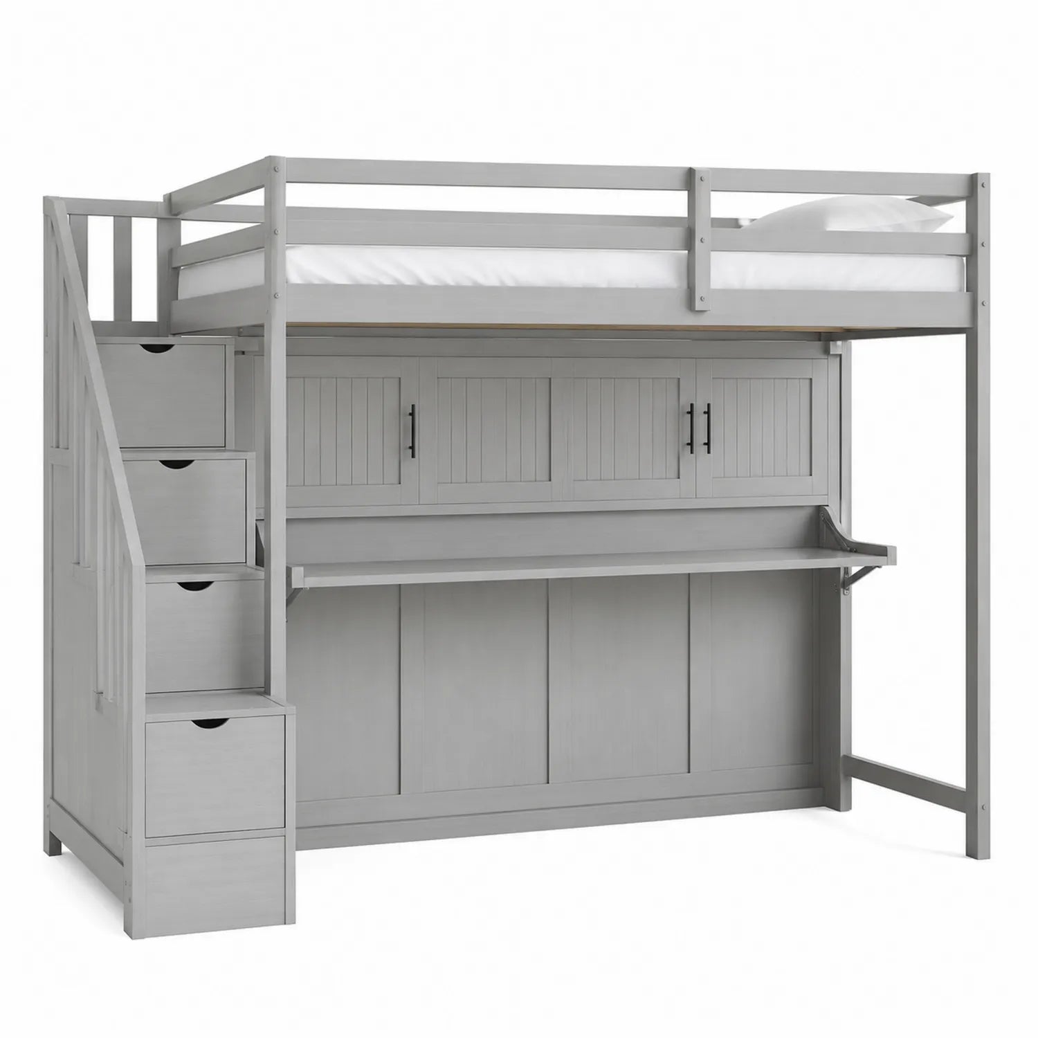 Lit superposé en bois gris avec rangement intégré