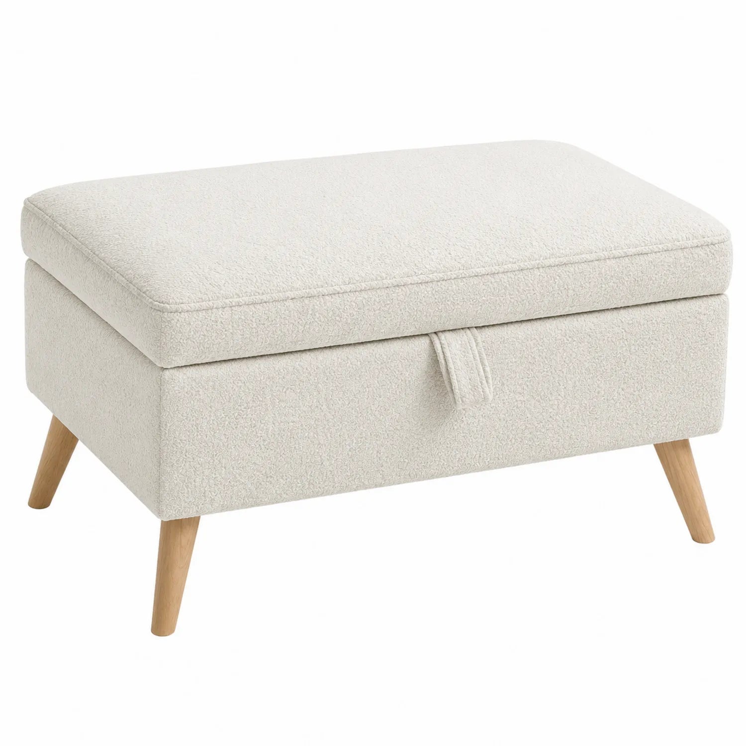 Banc de rangement en tissu bouclé avec pieds en bois