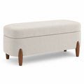Banc de rangement en tissu beige avec pieds en bois