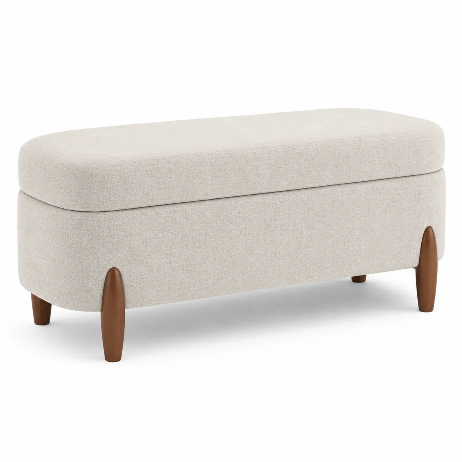 Banc de rangement en tissu beige avec pieds en bois