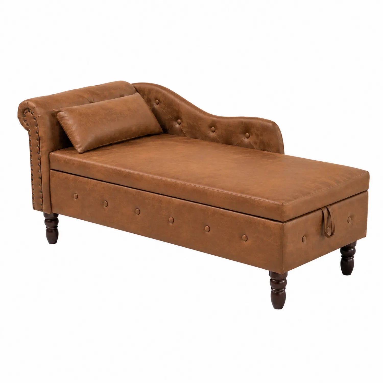 Chaise longue en cuir marron avec pieds en bois