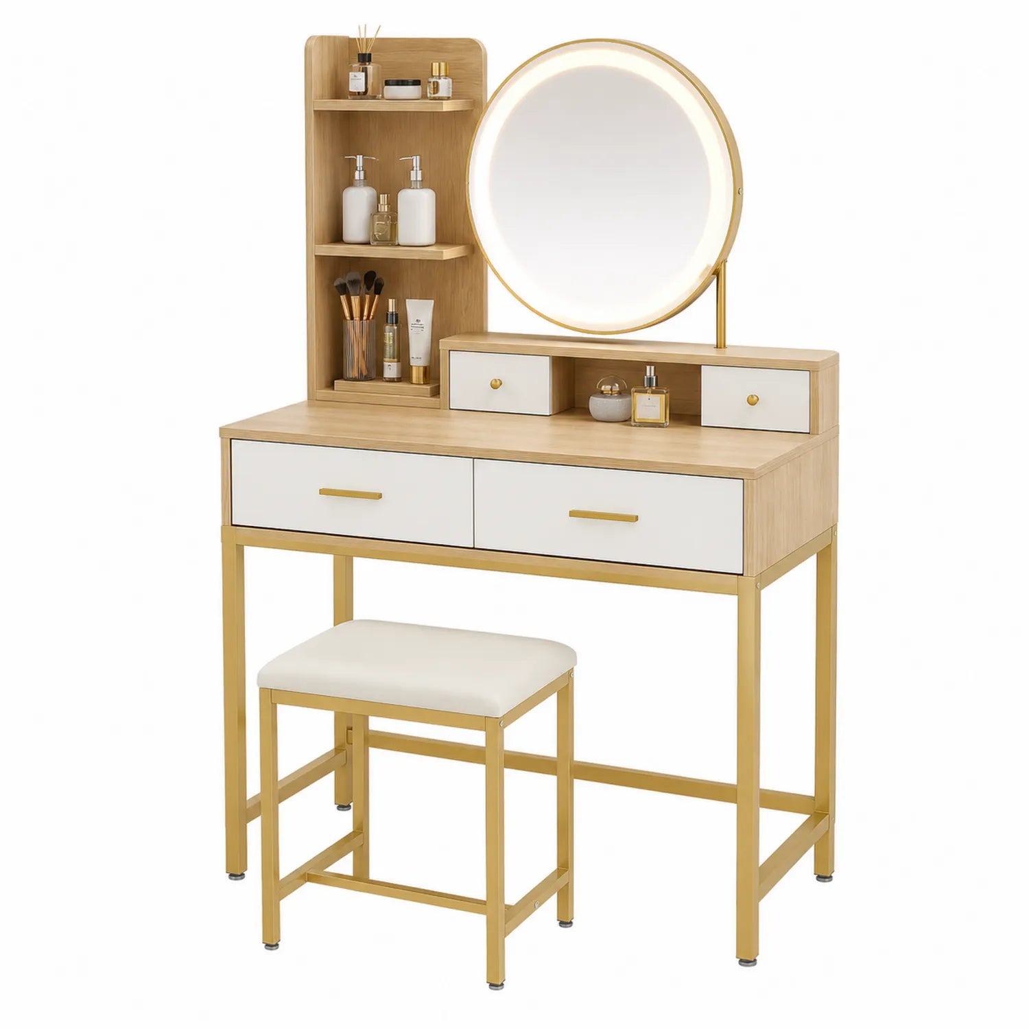 Coiffeuse en Bois Métal avec Miroir LED Rond et Tabouret