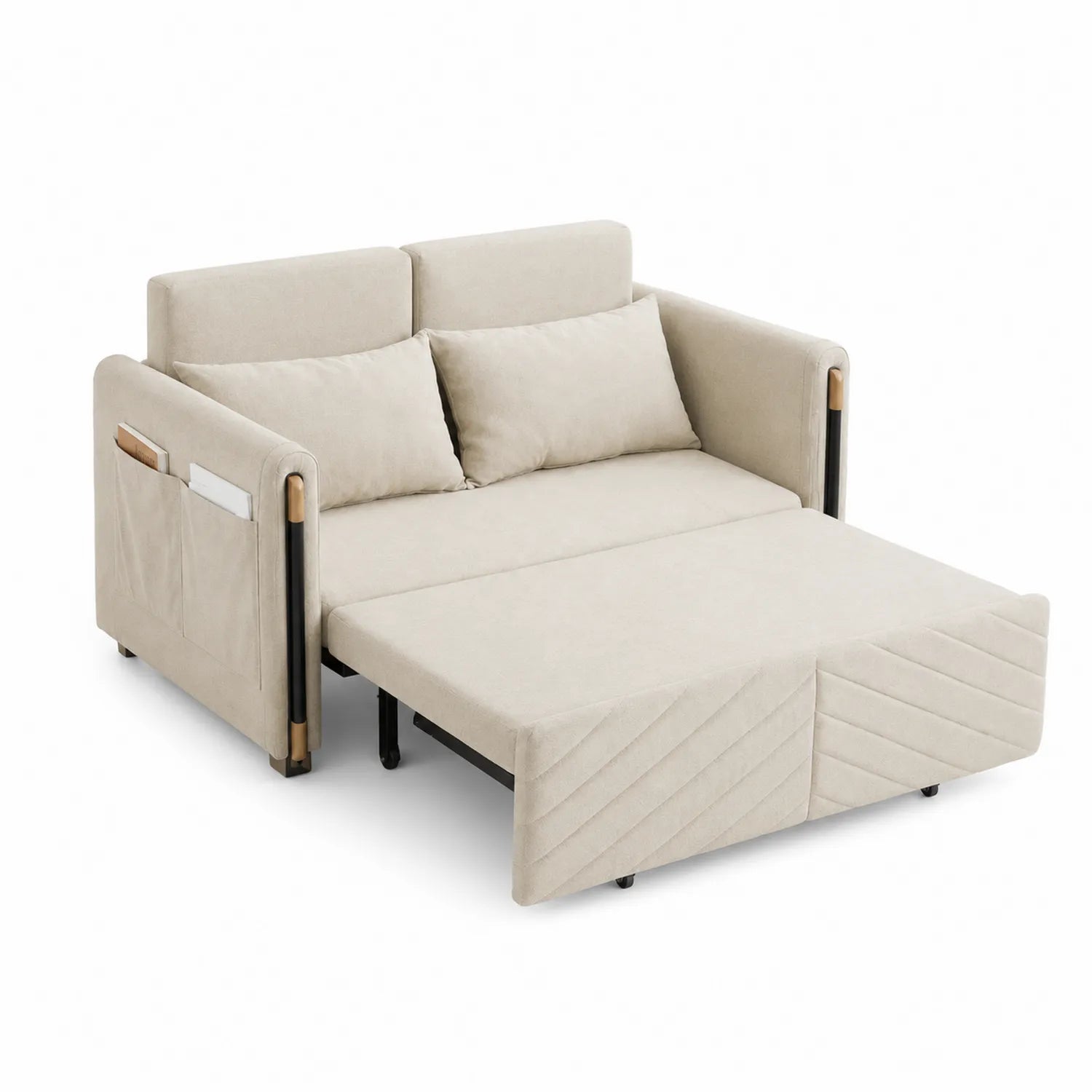Canapé-lit convertible en tissu polyester beige avec poches et coussins 200x140 cm