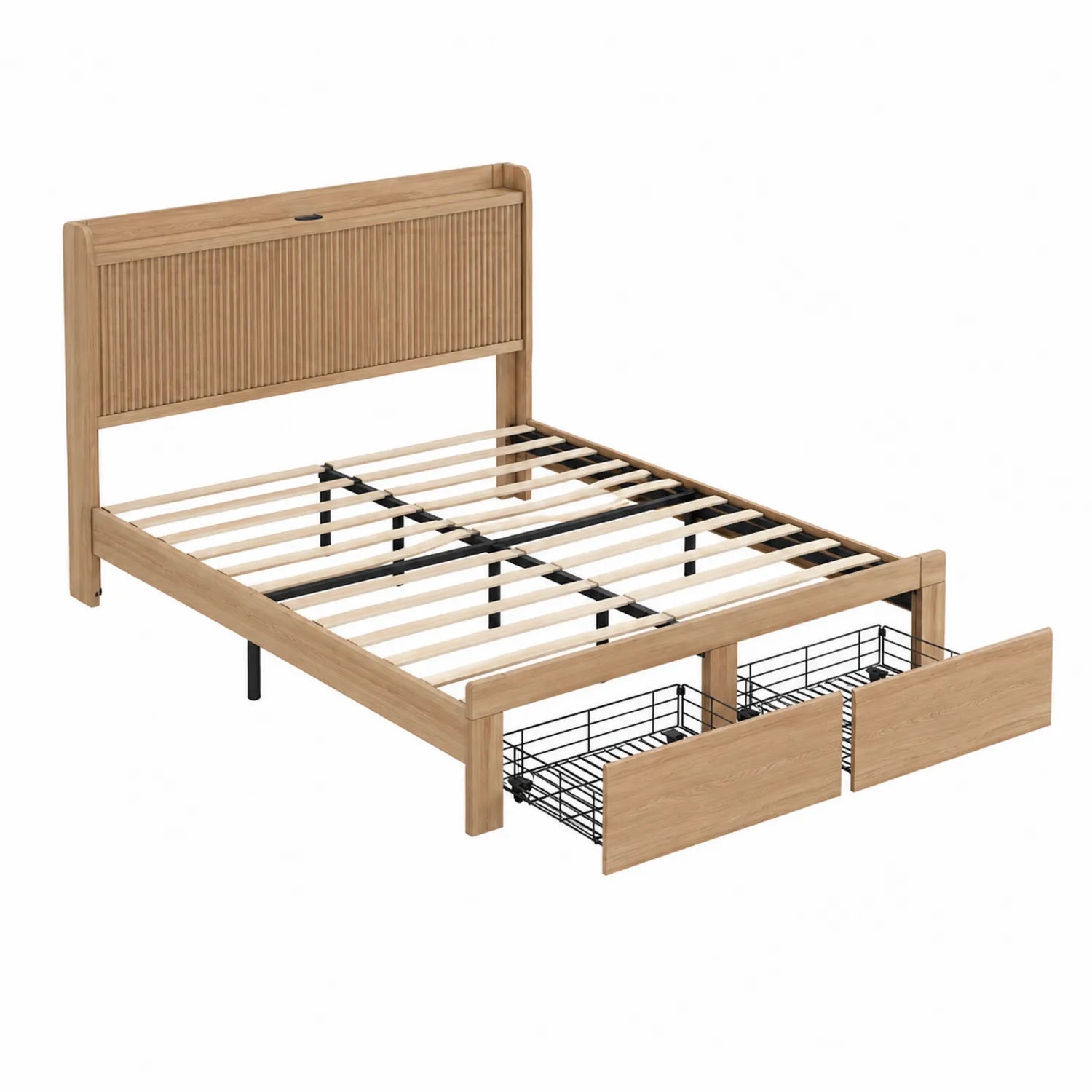 Lit double en bois avec tiroirs de rangement 140x200 cm Chêne clair