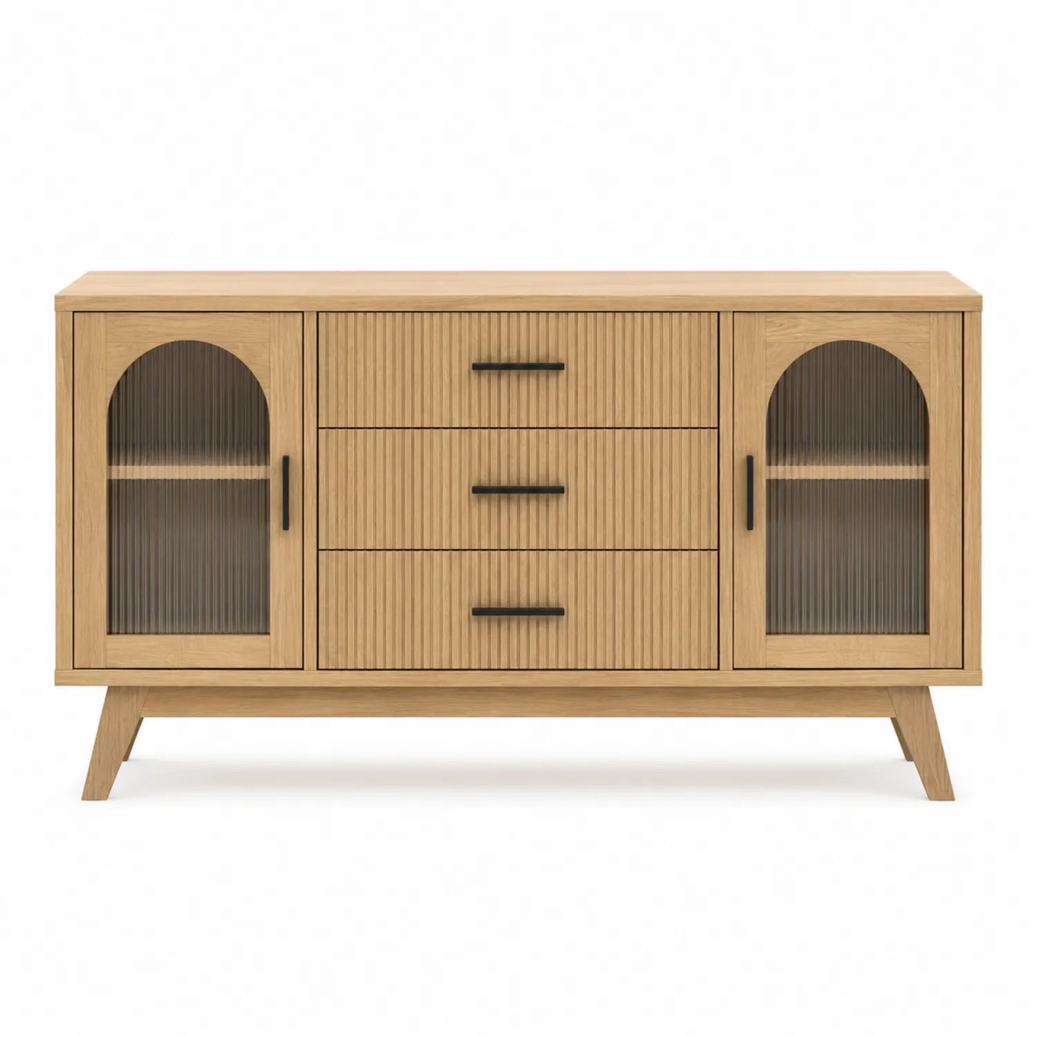 Buffet en bois de chêne avec portes en verre et trois tiroirs