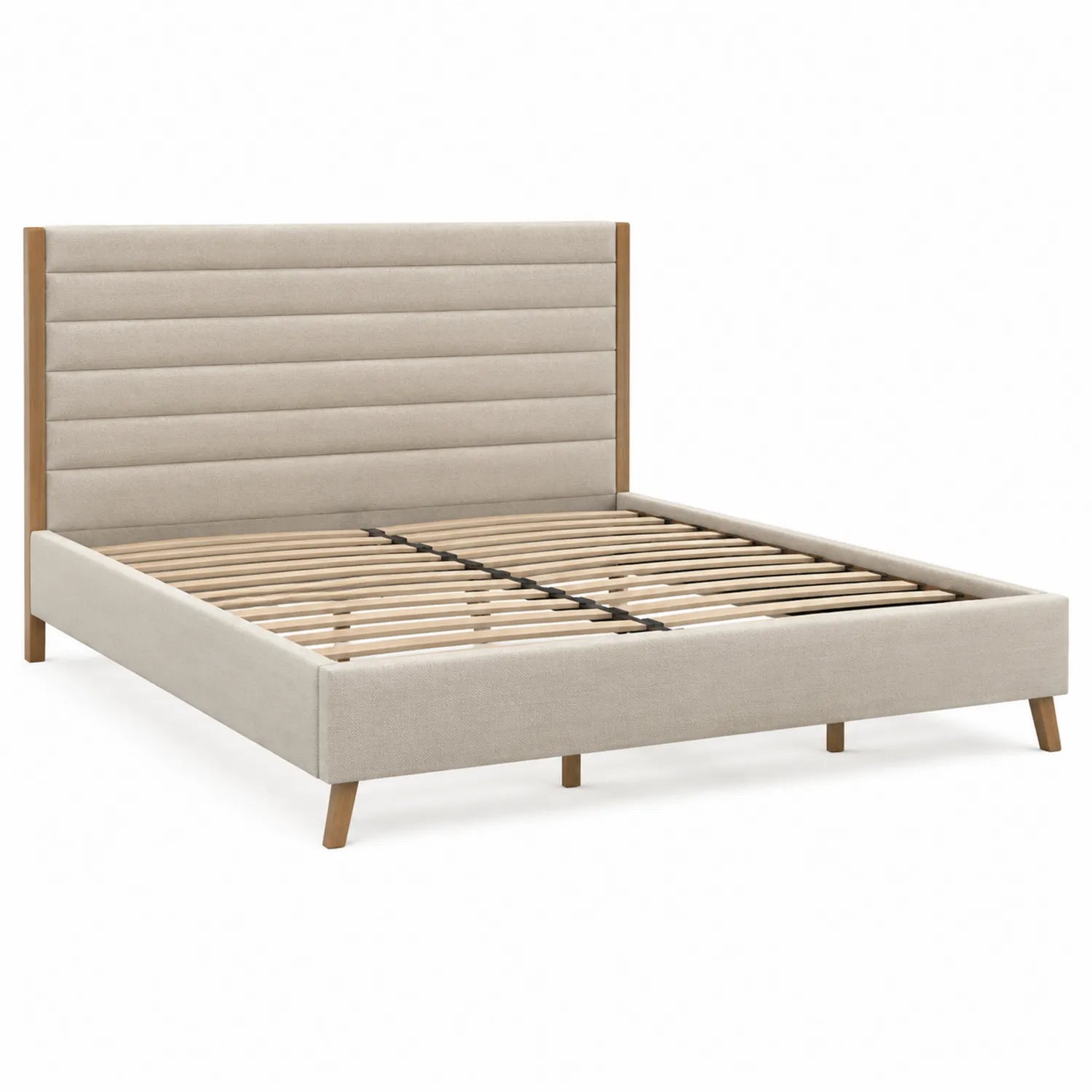 Lit double en bois et tissu polyester beige, 200x160 cm
