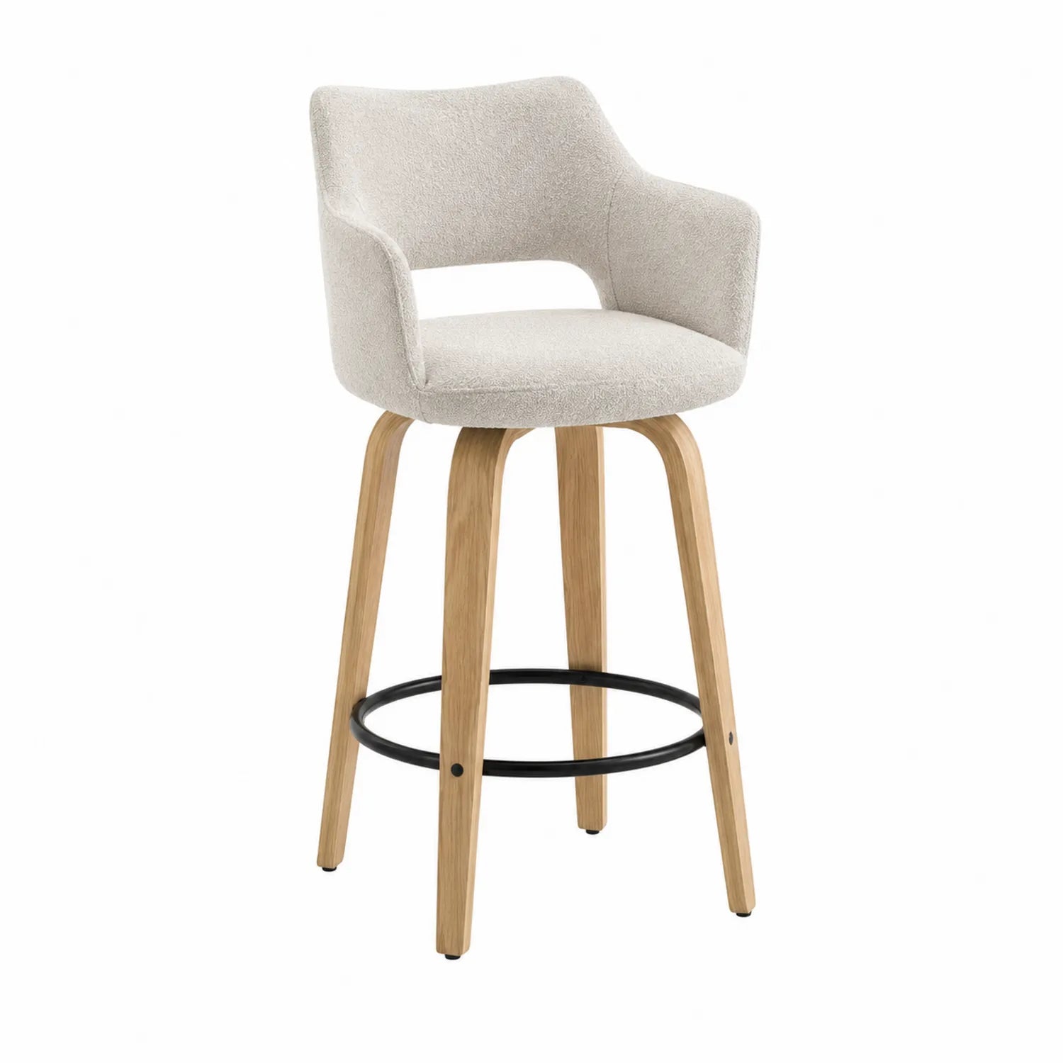 Tabouret de bar en tissu polyester beige avec pieds en bois