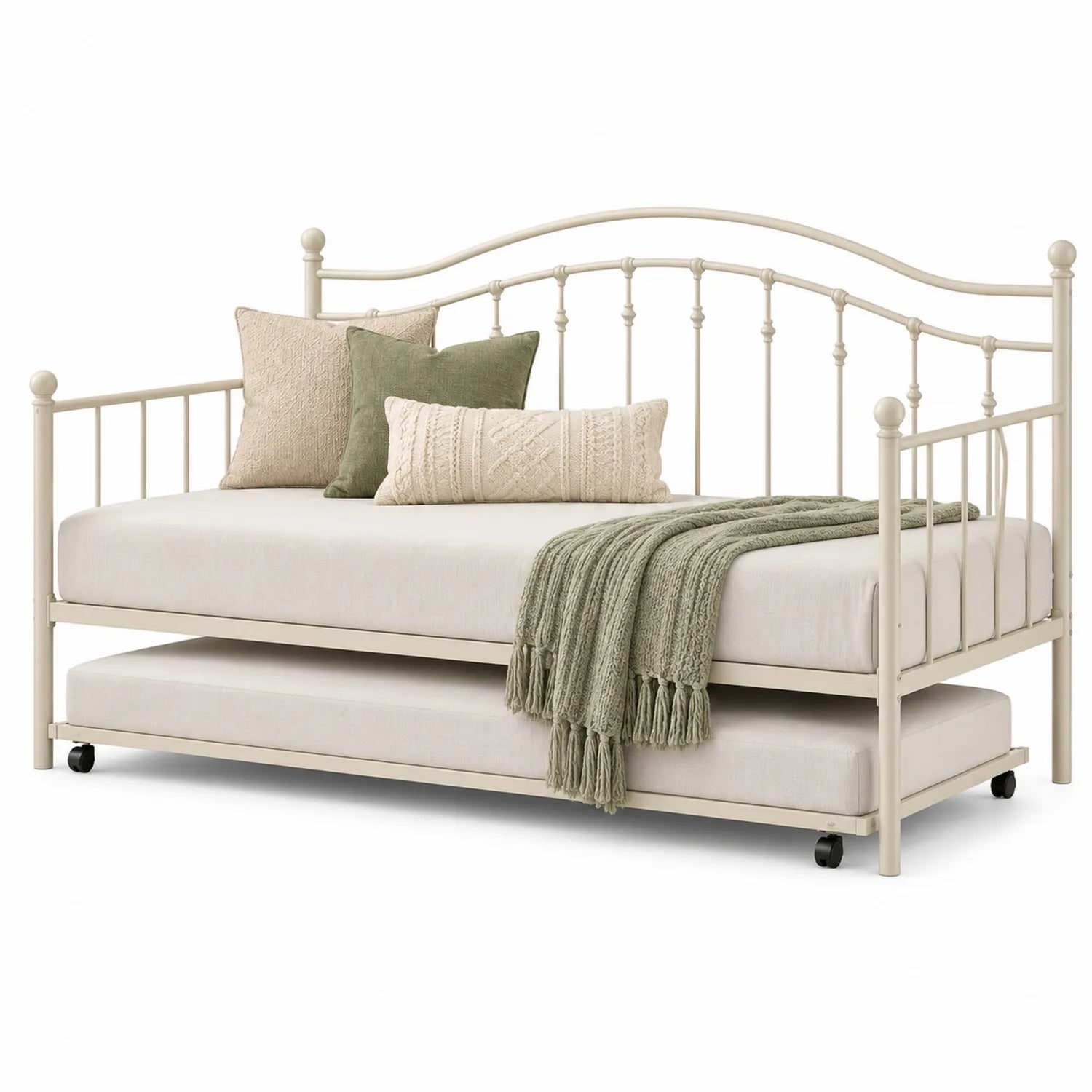 Canapé-lit gigogne en métal beige avec matelas et coussins