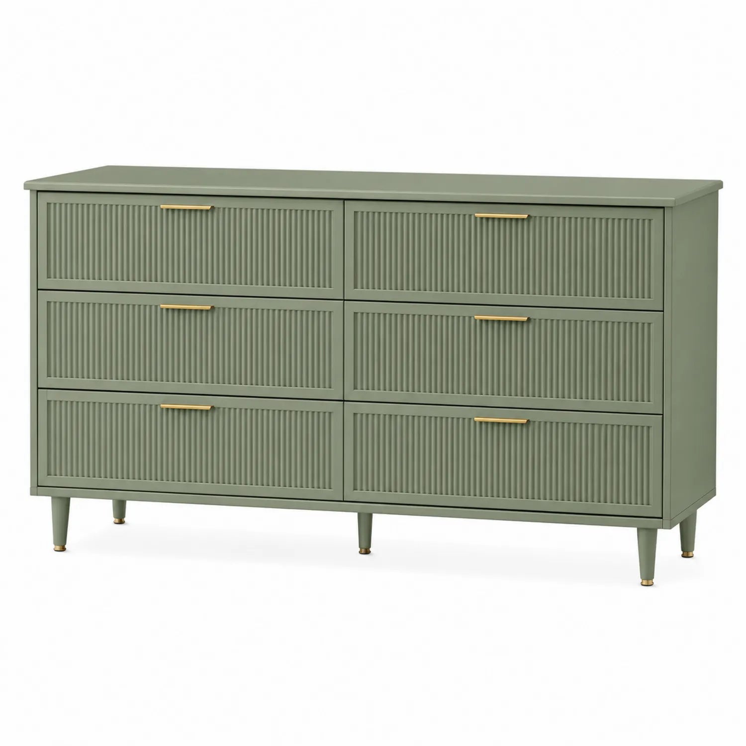 Commode 6 tiroirs bois MDF vert avec poignées dorées