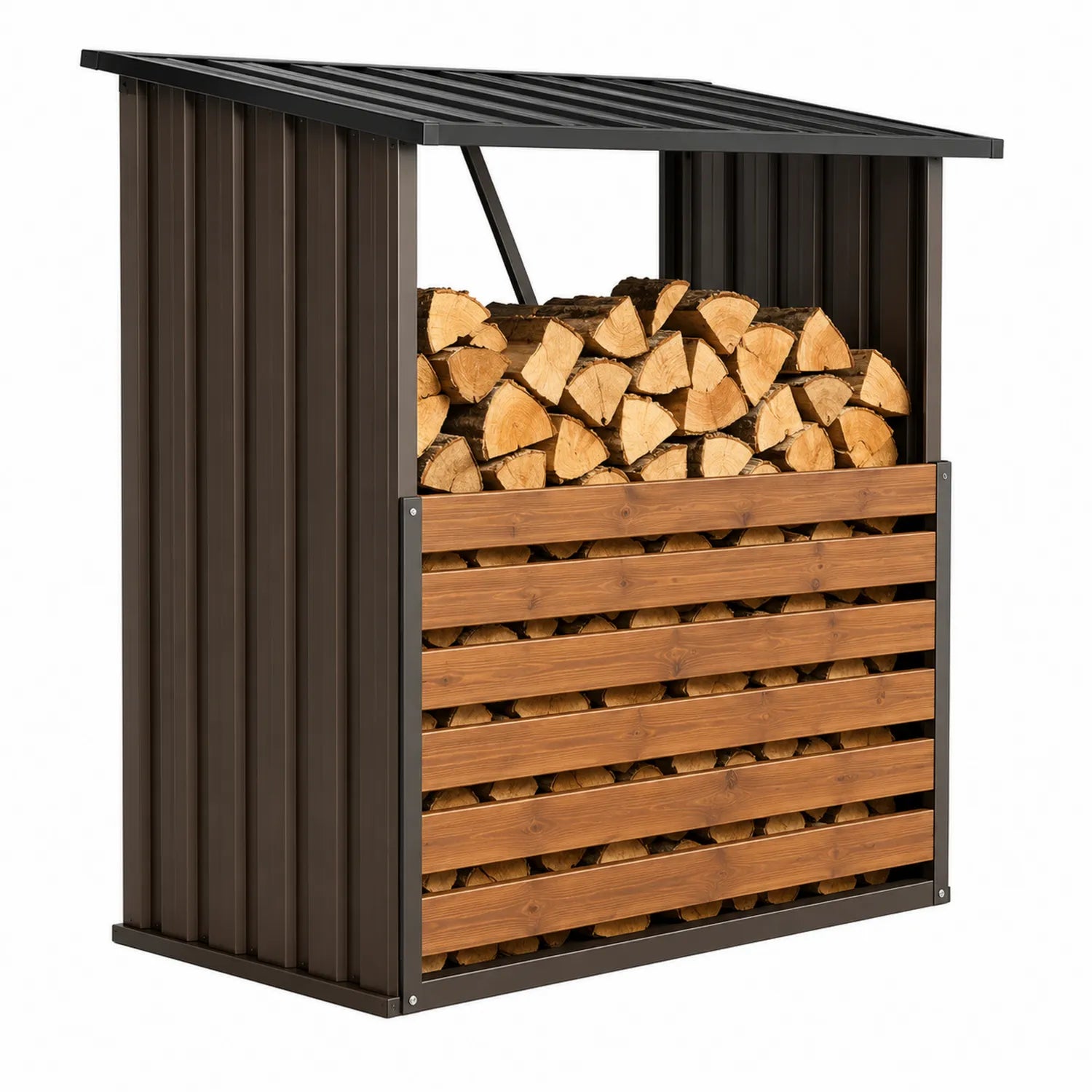 Abri Bûches Extérieur Métal et Bois Marron 180x90x150 cm