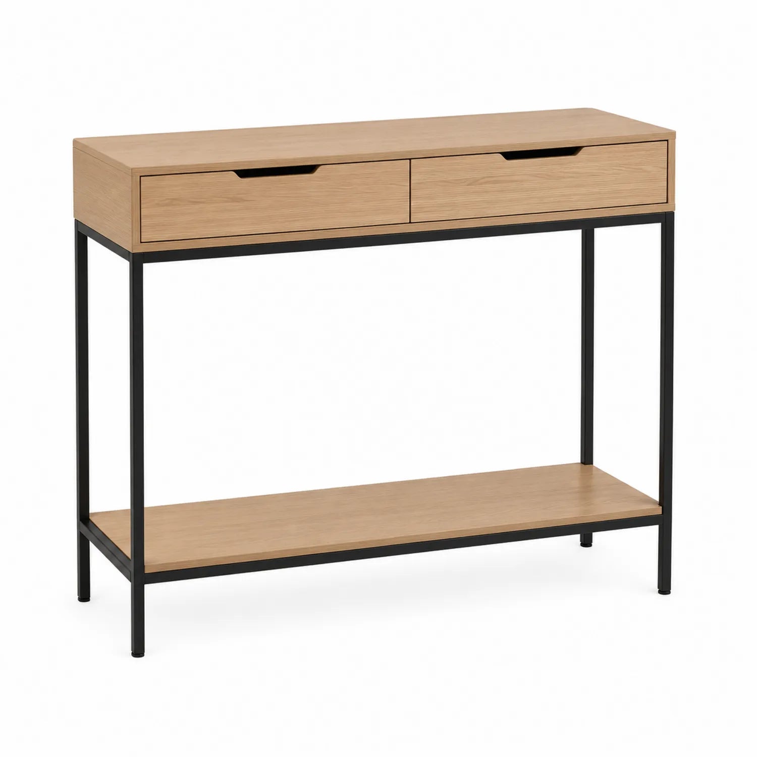 Console en bois MDF et métal noir avec deux tiroirs 100x30x80cm