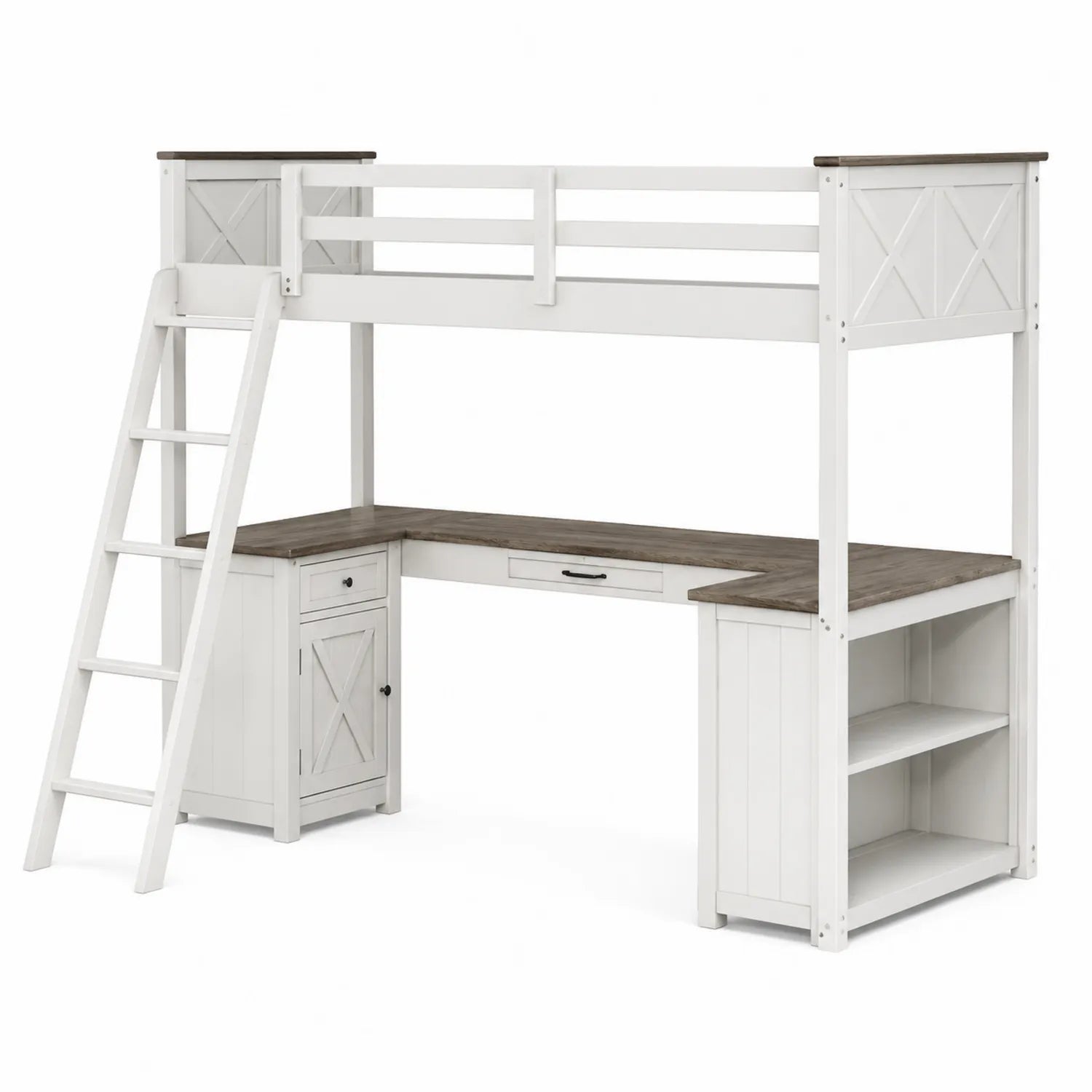 Lit mezzanine avec bureau en bois blanc et brun avec échelle et rangements