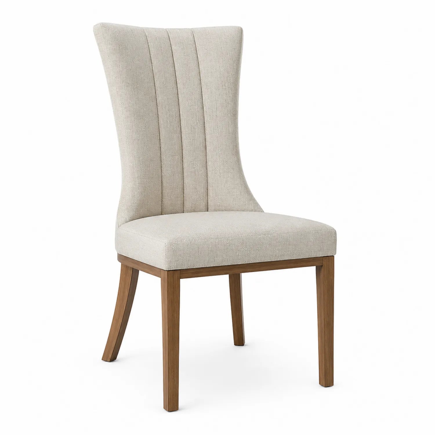 Chaise en bois et tissu beige avec dossier haut