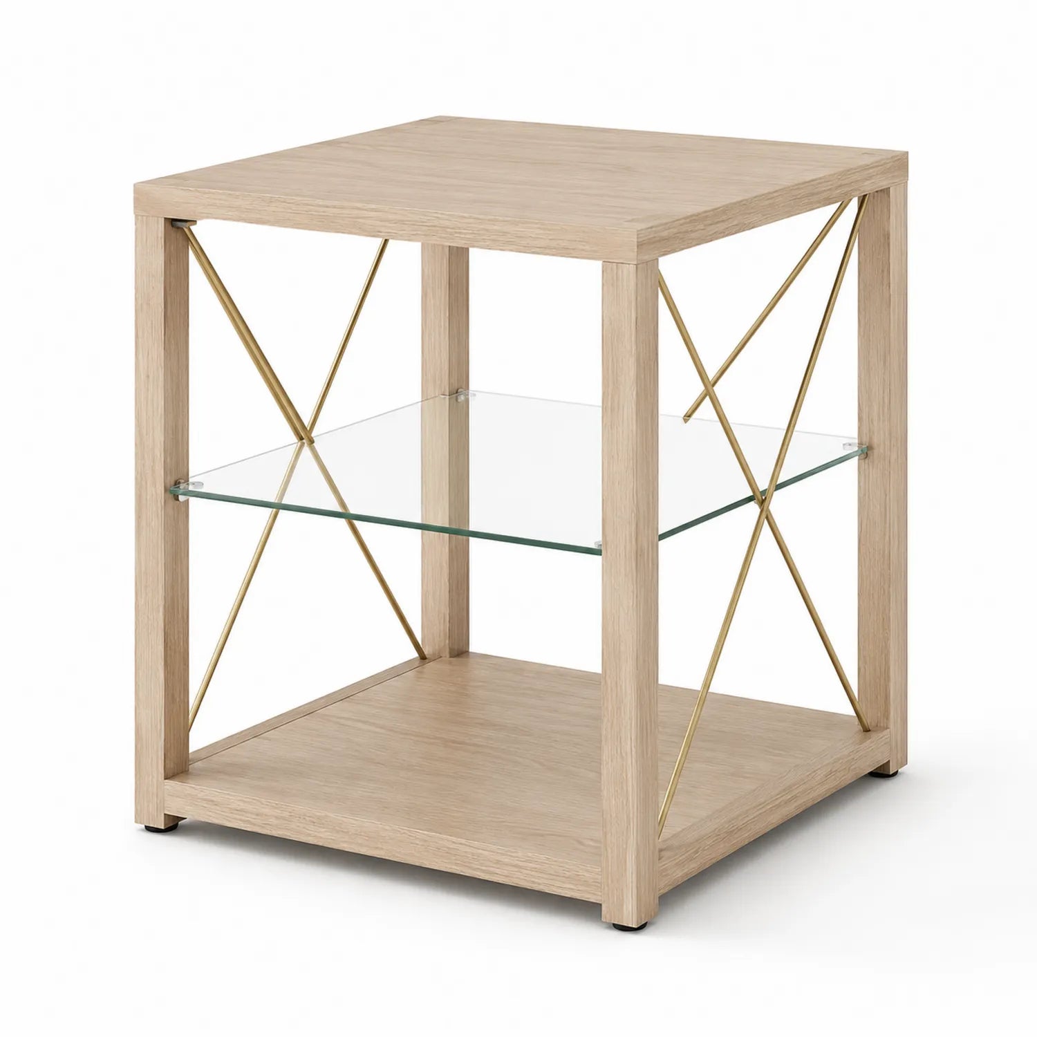 Table de chevet en bois avec étagère en verre trempé et structure métallique dorée 50x50x60 cm