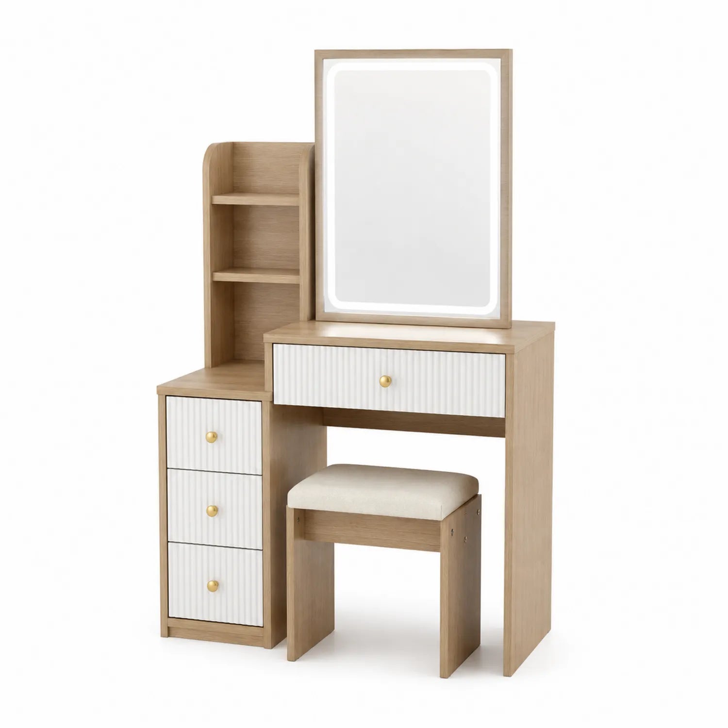 Coiffeuse en bois avec miroir éclairé et tabouret, chêne clair/blanc