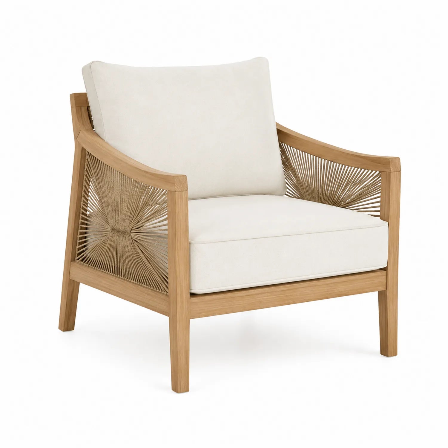 Fauteuil d'extérieur en bois avec coussins en polyester blanc
