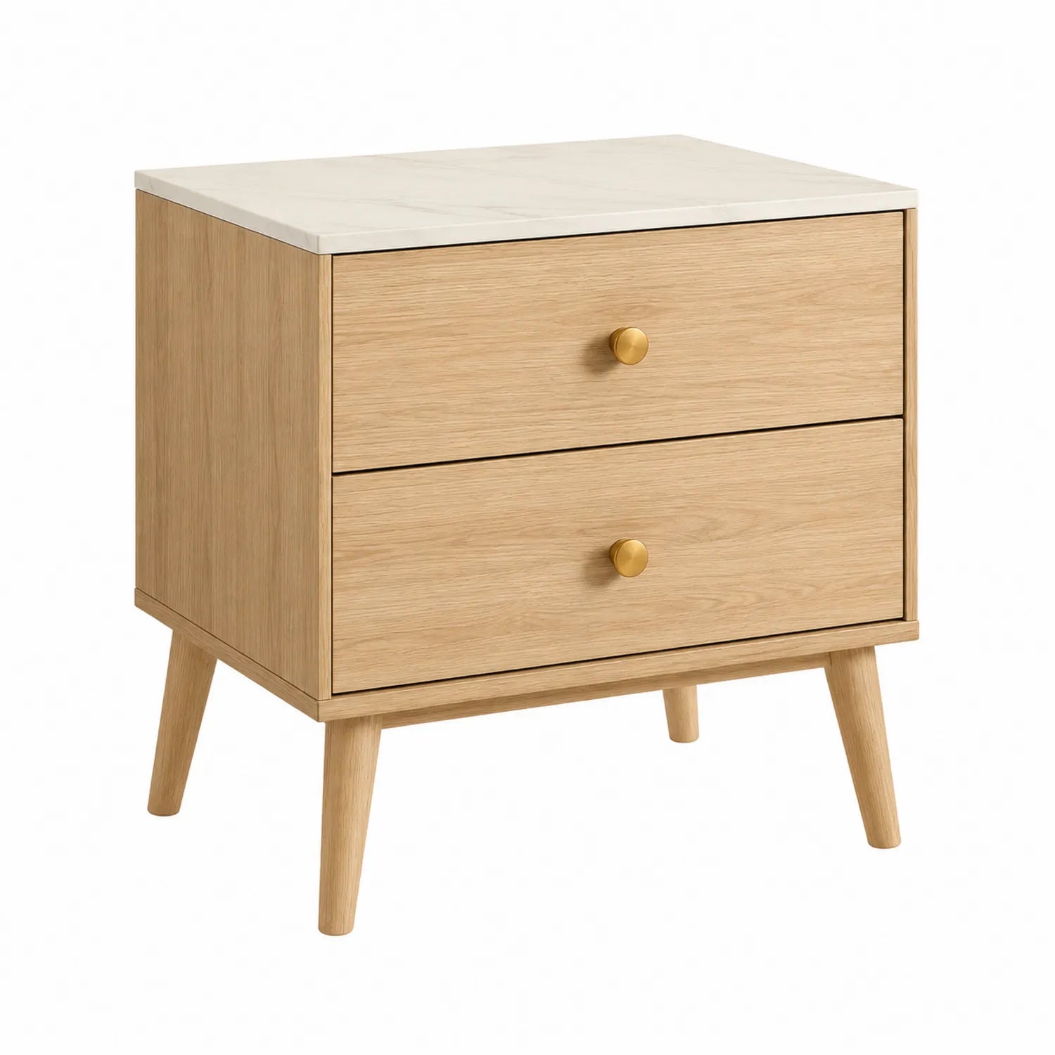 Table de chevet en bois de chêne avec plateau en marbre blanc, 2 tiroirs