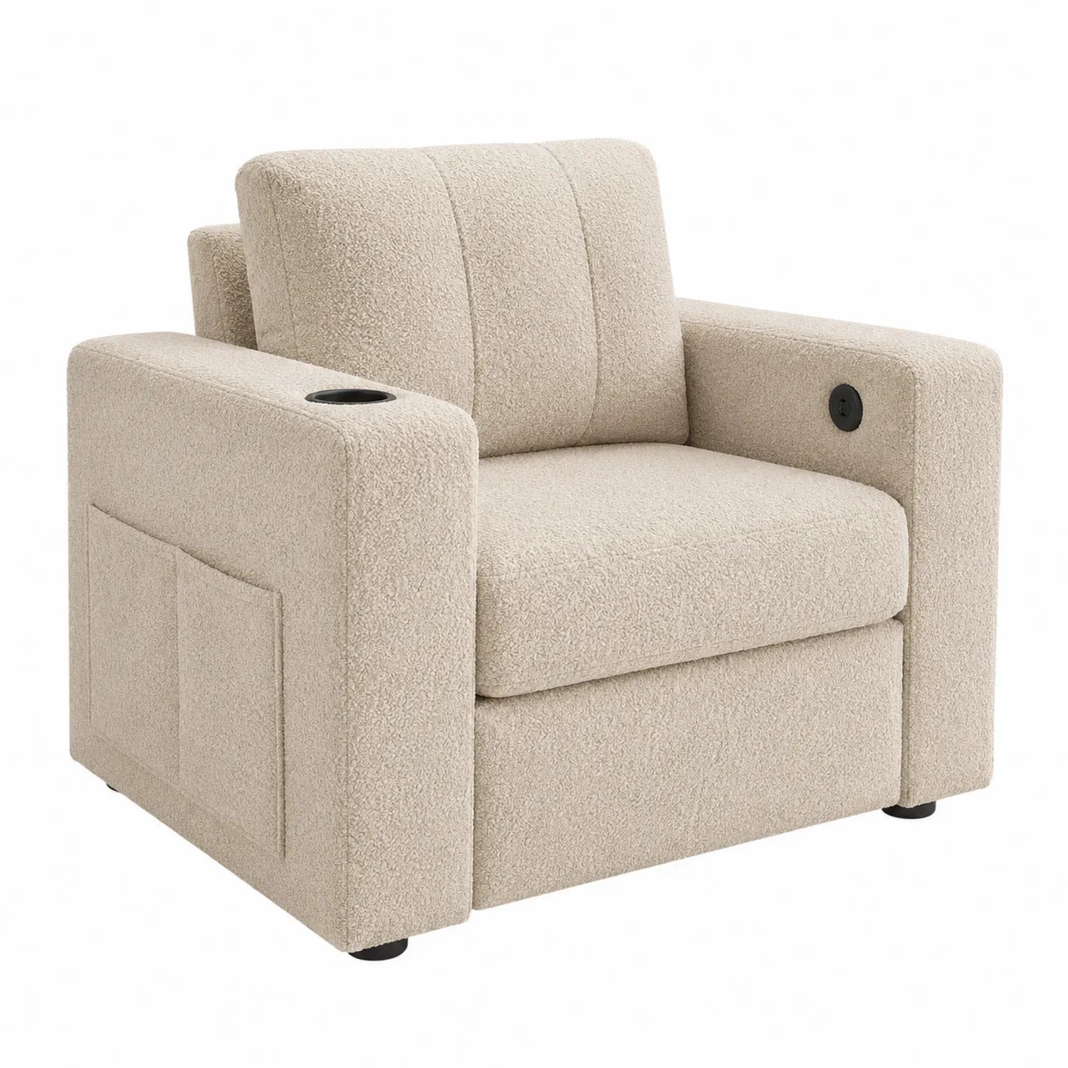 Fauteuil en tissu bouclé beige avec prises intégrées