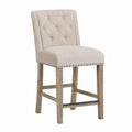 Tabouret de bar en bois et tissu lin beige avec clous décoratifs