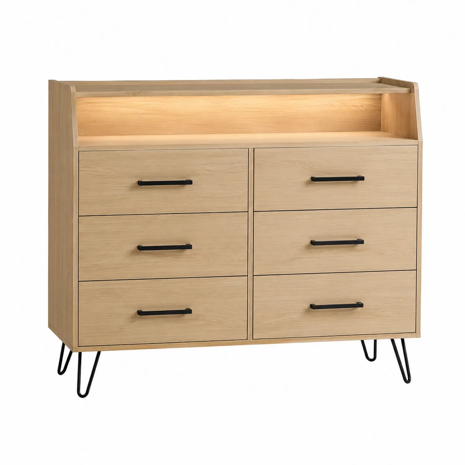Commode en bois avec 6 tiroirs et étagère de rangement, hauteur 100 cm