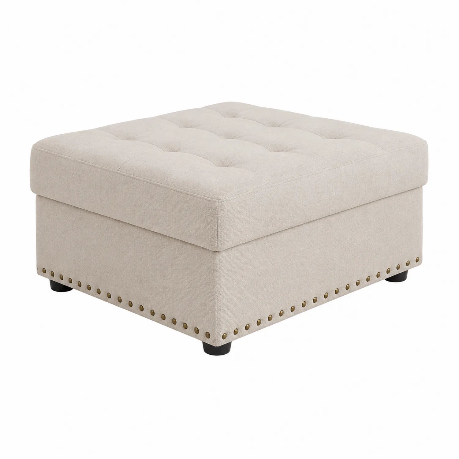 Repose-pieds en lin beige avec boutons et clous